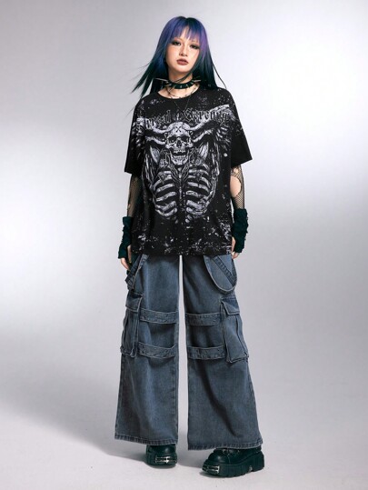 Grunge Punk Vintage Skull & Wing Printed Round Neck Loose Hip Hop Streetwear T-Shirt For Dark Rock Music Festival, School