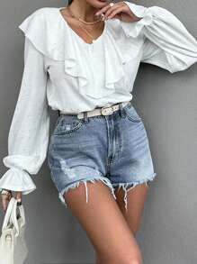 RueChic Ruffle Draped Neck In Glitter Printed Elastic Textured Fabric With Elastic Cuffs Elegant Leisure Style - White - View 1