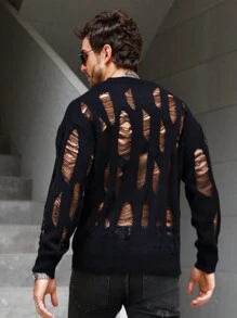 Manfinity Homme 男士做旧镂空针织街头潮流拼色套头长袖上衣，适合外出、朋友聚会、放大男士长袖针织，男士毛衣上衣，男士黑色毛衣，男士针织上衣，适合秋冬 - 黑色 - 查看 2