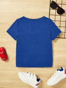 SHEIN 男童休閒簡約蜘蛛俠字母印花t恤,圓領設計,非常適合夏季穿著 - 寶藍色 - 查看 5