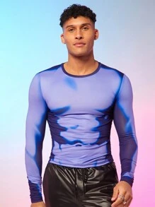 FeverCity 男士對比色身體印花修身t恤 - 藍色 - 查看 5