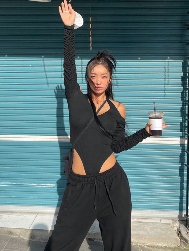 Women's Solid Color Open Shoulder Halter Neck T-Shirt Long Sleeve Women Tops