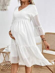 SHEIN Maternity V-Neck Lotus Leaf Hem Dress - White - View 4
