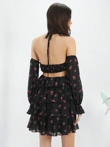 Enchnt Vestido De Mujer De Corte Ajustado Con Cuello Halter Y Huecos - Negro - Ver 2