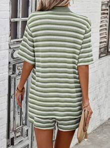 SHEIN LUNE Color-Contrasting Striped Short Sleeve Shirt With Single Breasted Closure And Drawstring Shorts Set - Green - View 2