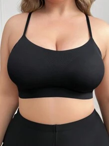 大码无缝细肩带无钢圈文胸 - 黑色 - 查看 3