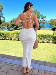 SHEIN SXY 女士假日細肩帶連衣裙，夏季波西米亞白色派對裙配開背設計 - 白色 - 查看 1