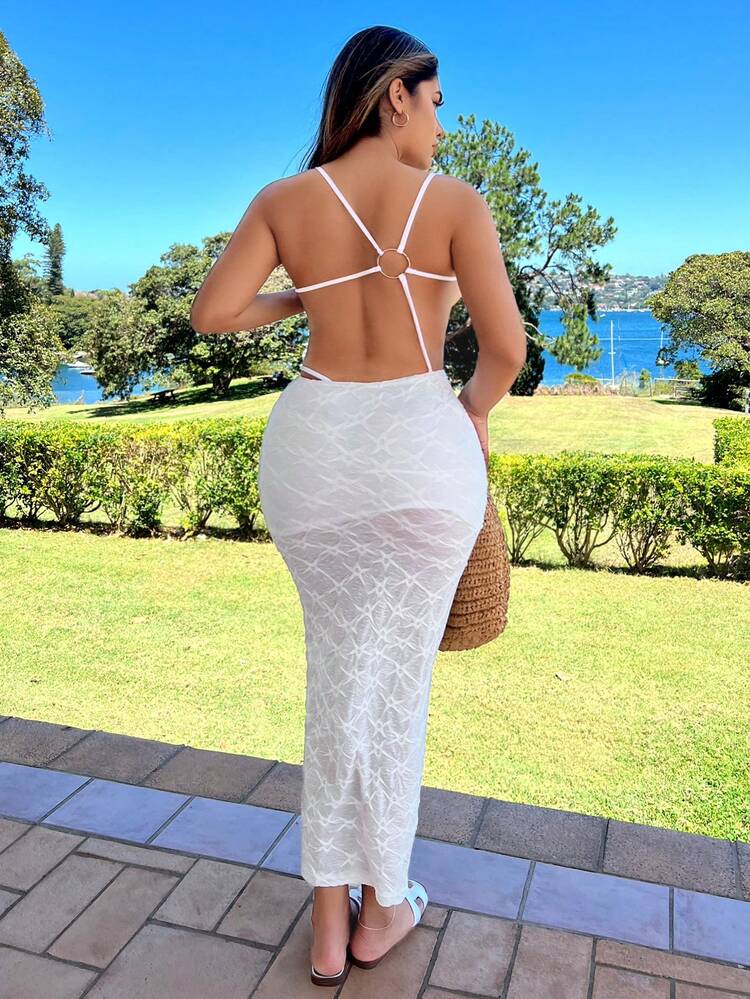 Women's Holiday Spaghetti Strap Dress, Summer Bohemian White Party Dress With Open Back