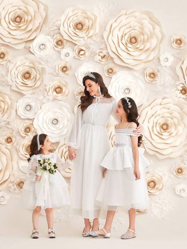 Patchwork Lace & Pearl & Stud Decor Lantern Sleeve Waist Belted Dress Long Evening Dresses