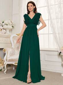 Ladies' Solid Color Ruffle Hem Slit Bridesmaid Dress - Green - View 1