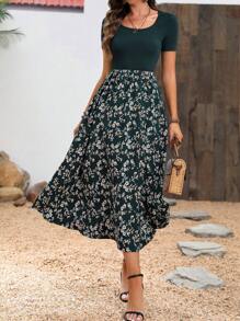 EMERY ROSE 花卉拼布高腰超长女装连衣裙 - 墨綠色 - 查看 4