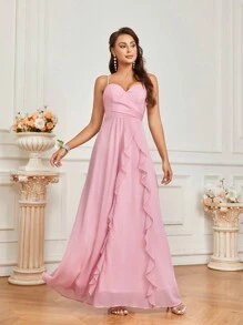 SHEIN Belle Elegant Spaghetti Strap Chiffon Ruffle Trim A-Line Bridesmaid Dress With Ruffle Trim - Pink - View 5