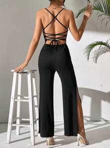 SHEIN PETITE Solid Color Sleeveless Open Back High Slit Wide Leg Jumpsuit - Black - View 5