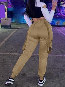 Flap Pocket Side Cargo Pants - Khaki - View 2