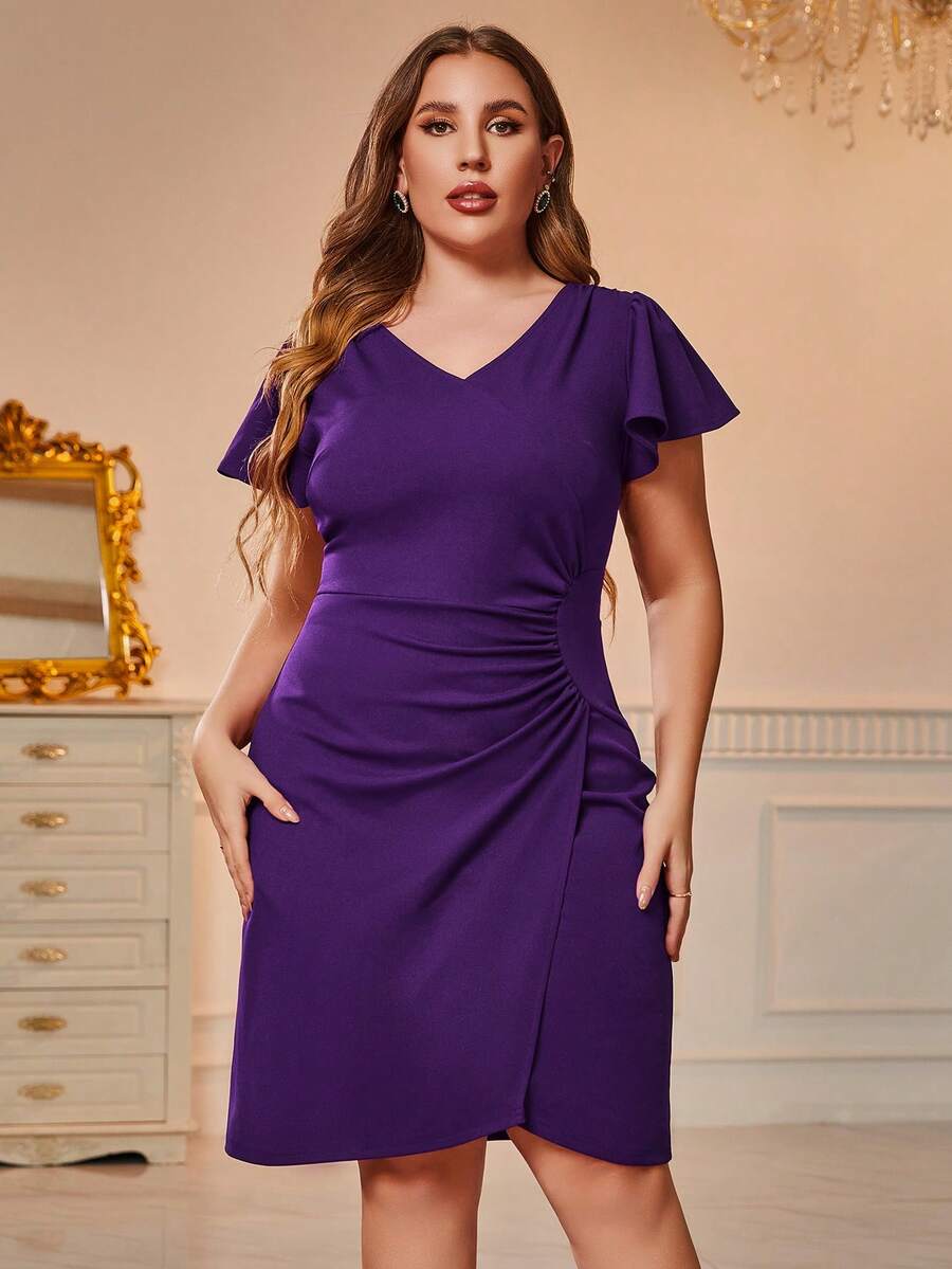 CurvySweet 加大尺碼女式復古v領荷葉邊袖修身連衣裙,腰間褶皺設計 - 紫色 - 查看 1