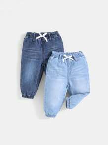 SHEIN Ensemble De 2 Pièces De Jeans En Denim Respirant Doux À La Mode Pour Bébé Garçon Lavés En Bleu Clair Et Foncé Pour Le Printemps Et L'été