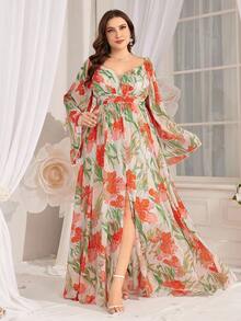 大码女式花卉印花褶饰腰部喇叭袖连衣裙