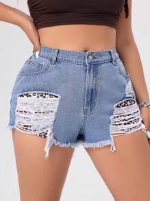SHEIN ICON Plus Size Denim Shorts Kantong Raw Hem Ripped Plain - Biru - View 4