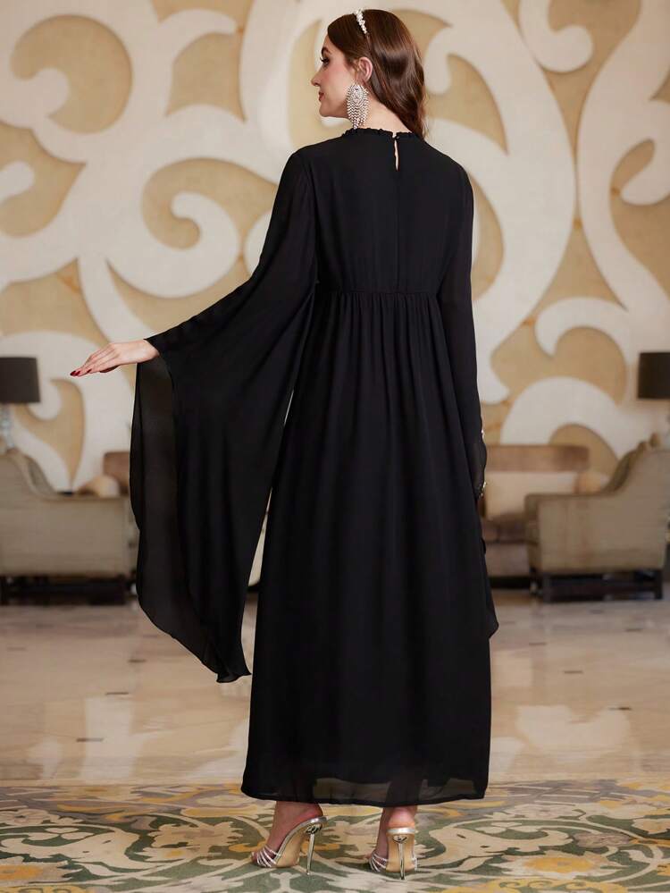 Women'S Glitter Patchwork Flare Sleeve Turkish Long Shirt Eid Dress, Elegant Luxury Evening Party Style Kaftan Jalabiya Dress