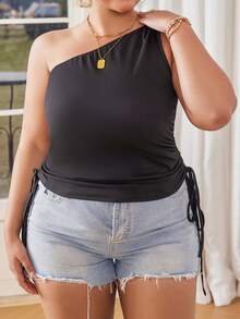 Calvaya 夏季大碼純色側拉繩不對稱領口背心 - 黑色 - 查看 3