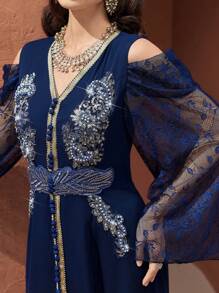 Al Najma 女式蕾絲露肩長袖阿拉伯傳統連身裙，配編織腰帶 - 藏蓝色 - 查看 6