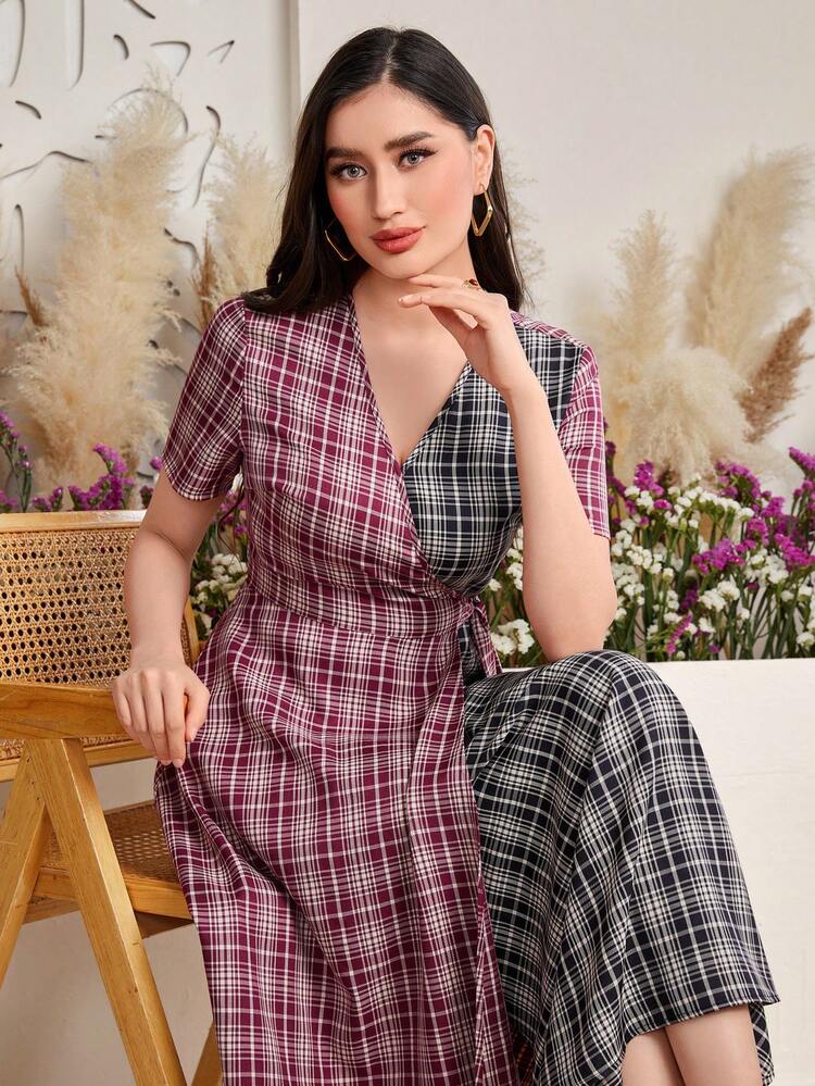 Color Block Grid Pattern Wrap V-Neck Dress