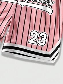 ROMWE MEN Prep Men Summer Sports Striped And Letter Printed Drawstring Waist Mesh Basketball Shorts - Pink - View 6