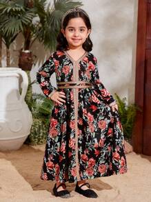 Young Girl Floral Printed Gold Ribbon V-Neck Dress - Multicolor - View 6