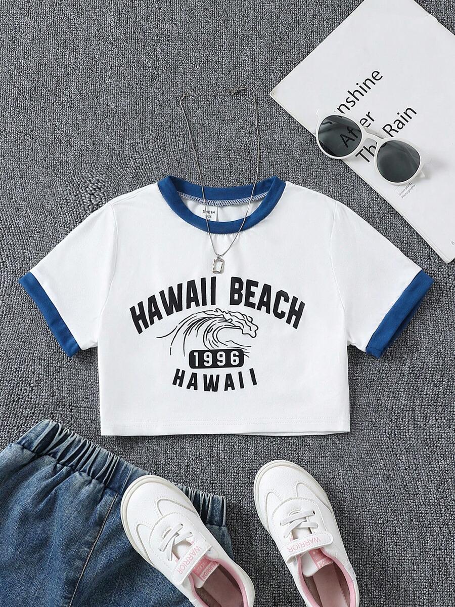 SHEIN Tween 女孩拼色字母印花短版 T 卹 - 白色 - 查看 1