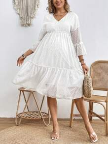 SHEIN Maternity V-Neck Lotus Leaf Hem Dress - White - View 5