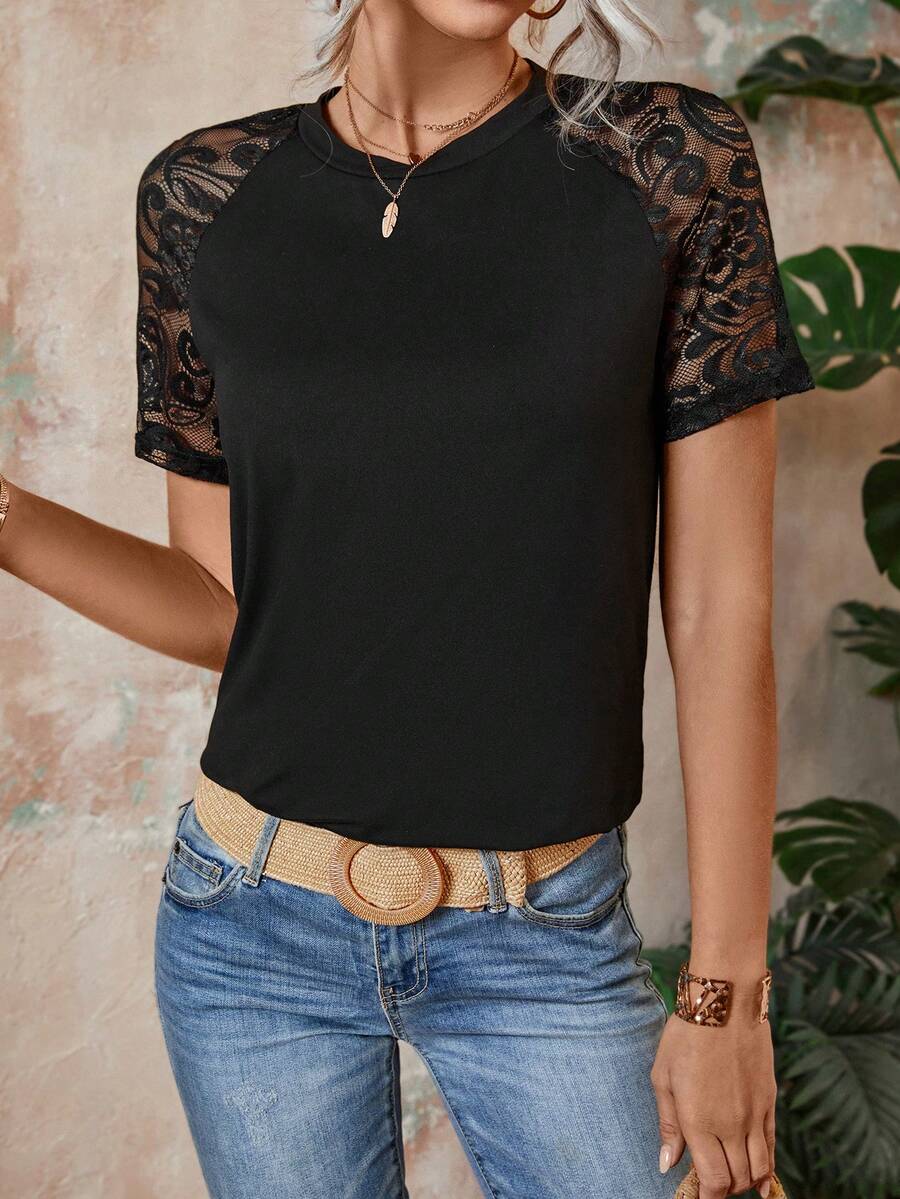 SHEIN Clasi 蕾絲拼接例插短袖棒球t恤 - 黑色 - 查看 1