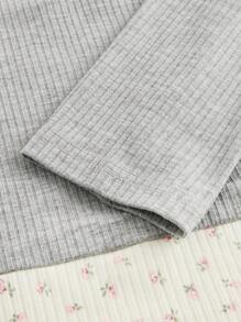 ROMWE Y2K 甜美学院风拼布花卉二合一女式 T 恤，学校 - 灰色 - 查看 3