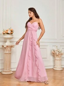 SHEIN Belle Elegant Spaghetti Strap Chiffon Ruffle Trim A-Line Bridesmaid Dress With Ruffle Trim - Pink - View 1