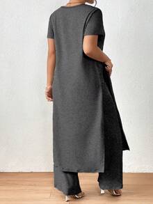 SHEIN LUNE 大尺碼側面分開長上衣與寬腿褲的兩件套裝 - 深灰色 - 查看 2