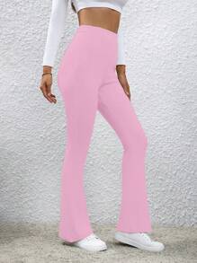 SHEIN LUNE 女士純色肋紋喇叭褲,適用於休閒場合 - 粉色 - 查看 5