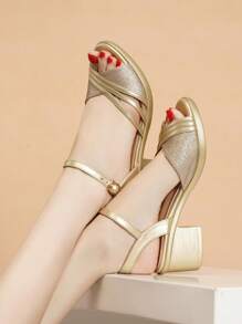 新款夏季時尚啞光粗跟鞋帶高跟鞋 - 金色 - 查看 2