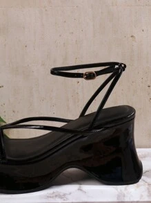 SHUZIA Women's Solid Color Thin Strap Wedge Sandals With Thick Platform Sole - Black - View 5