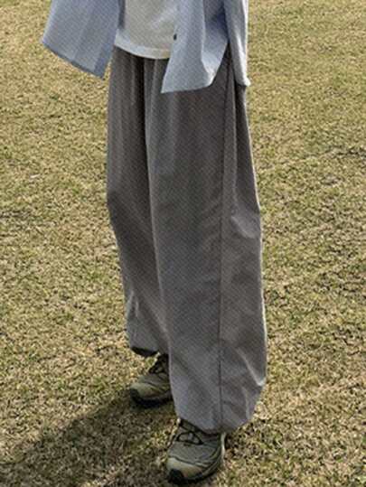 DAZY 純色束腰拉繩側口袋松緊直筒長褲