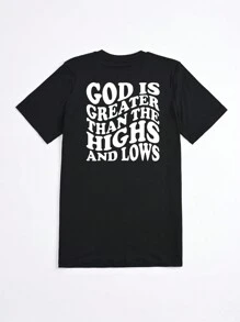 Flirla Plus Size Geometric & Slogan Print Round Neck Short Sleeve T-Shirt, Graphic Tee, Women Summer Top, GOD IS GREATER THAN THE HIGHS AND LOWS Graphic Tee, Women Summer Top - Black - View 2