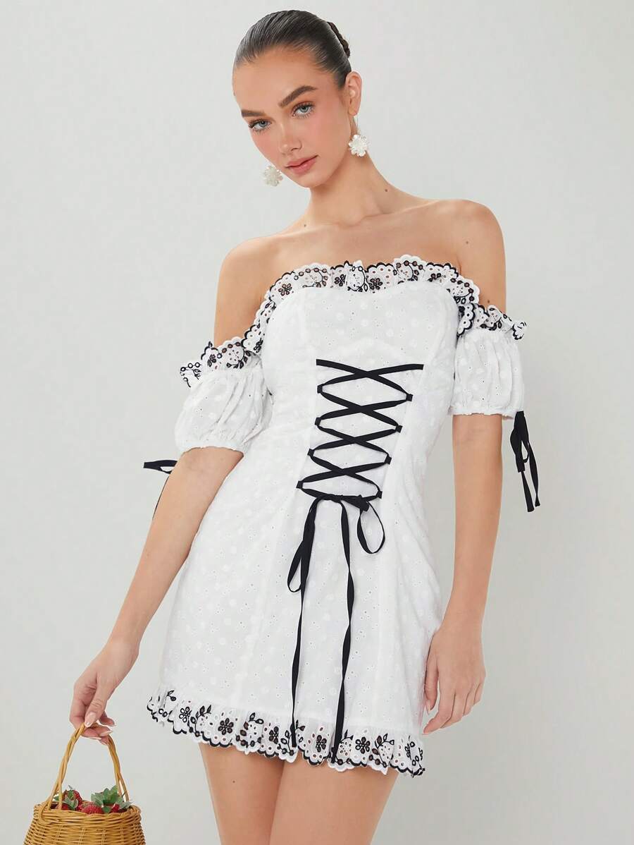 Enchnt Của phụ nữ Off-shoulder Ngắn tay Đầm Với Viền trang trí , Eo Buộc - trắng - Xem 1