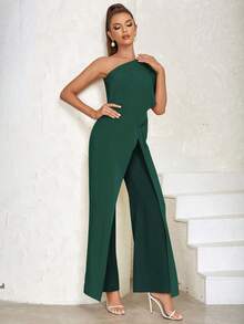 Asymmetrical Shoulder Sexy Simple Patchwork Wide-Leg Jumpsuit - Dark Green - View 7