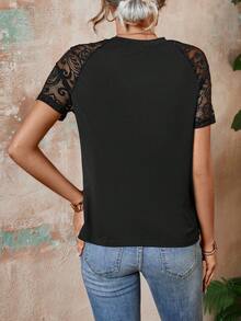 SHEIN Clasi 蕾絲拼接例插短袖棒球t恤 - 黑色 - 查看 2