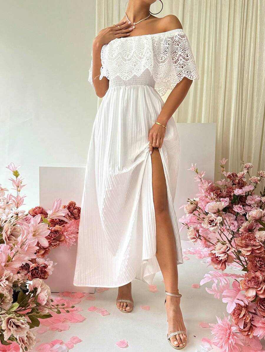 Chiquease Robe Épaules Dénudées En Dentelle Avec Fente Haute Et Plissée ...