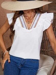 SHEIN LUNE Patchwork Woven Belt V-Neck Ruffle Trim Decor Blouse - White - View 2