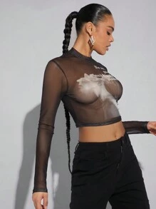 SHEIN Unity Face Letter Graphic Mesh Crop Top - Black - View 4