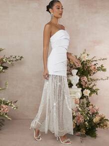 L'Amorae Vestido con panel de tubo y dobladillo de malla con lentejuelas