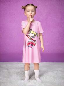 Nick 90s X SHEIN Young Girl Cute Round Collar Straight Fit Sleepwear Dress