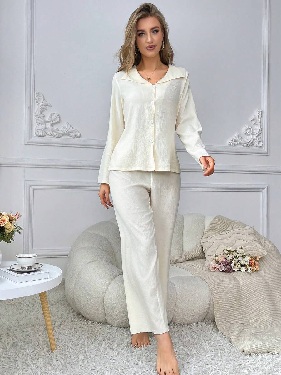 Solid Color Button Front Textured Top And Straight Pants Lounge Wear Set - Apricot - View 1