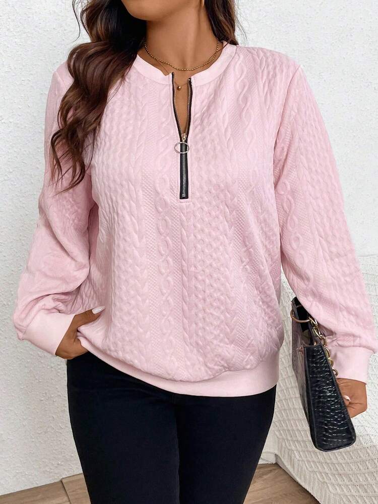 SHEIN LUNE 大碼純色半拉鍊運動衫 - 藕粉色 - 查看 1