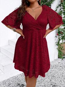 SHEIN Clasi Plus Size Lace V-Neck High Waist Dress, Burgundy Color Women Outfit